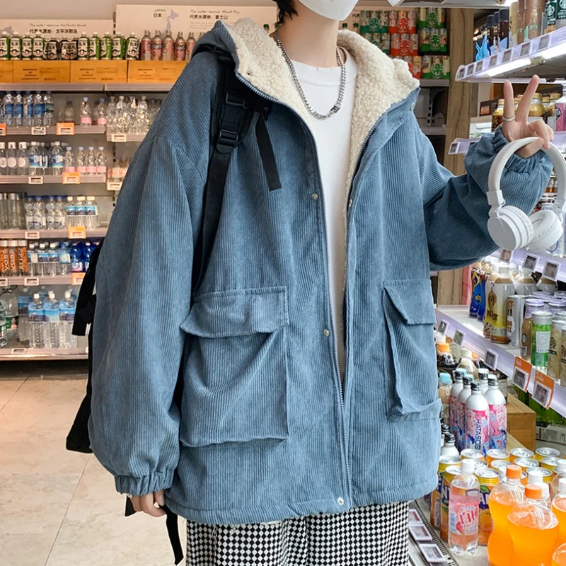 Ulzzang Parkas com capuz masculino, roupas soltas chiques simples, bolso casual, tudo combina com roupas de inverno de veludo, moda de rua, novo