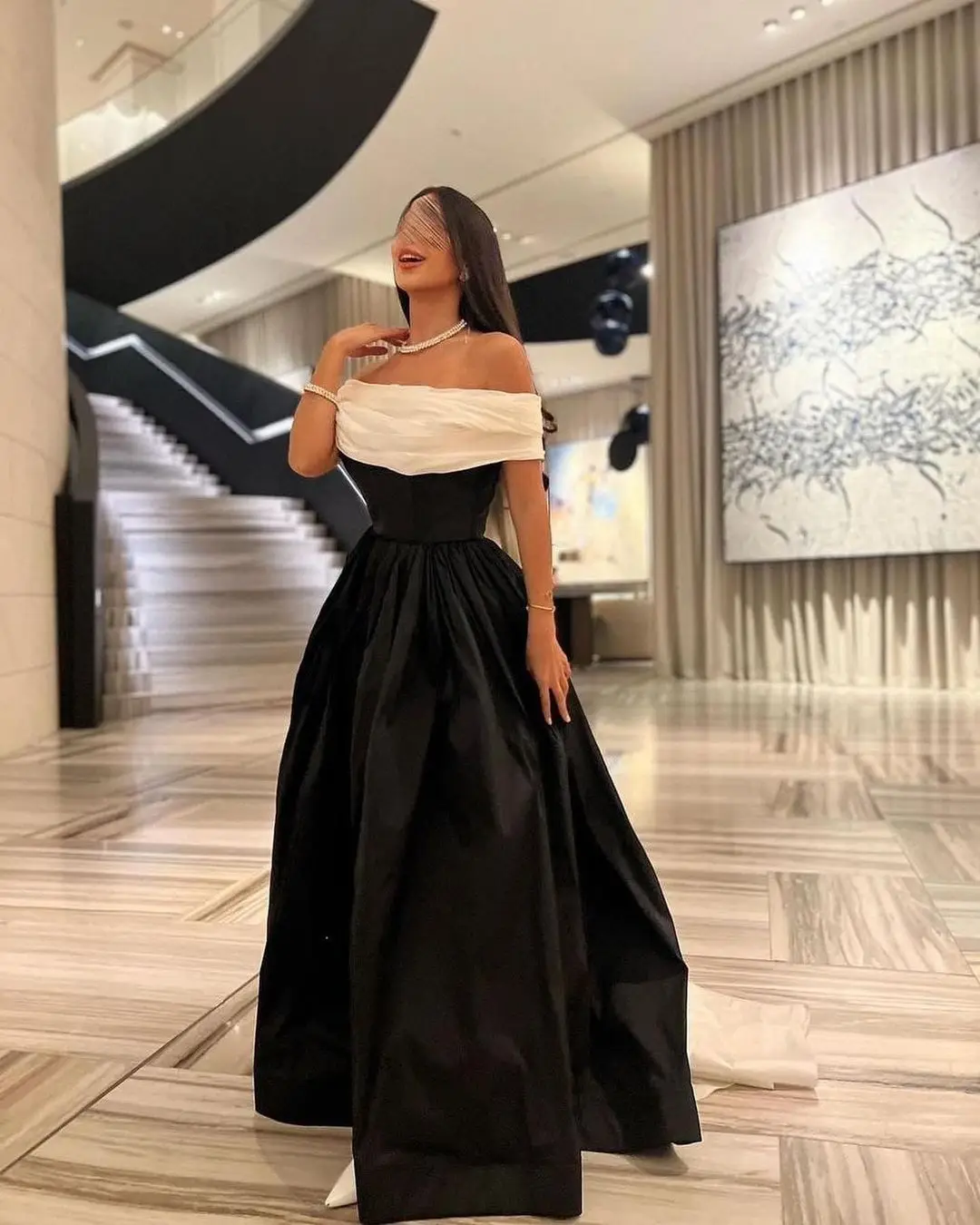 White Black Evening Dresses For Wedding Party 2024 Off Shoulder Formal Prom Dress Arabic Party Gown Customized