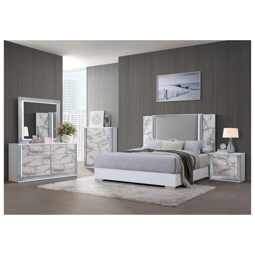 White High Gloss Marble 2-Drawer Nightstand LED Modern Chrome Bedroom Furniture, Customized