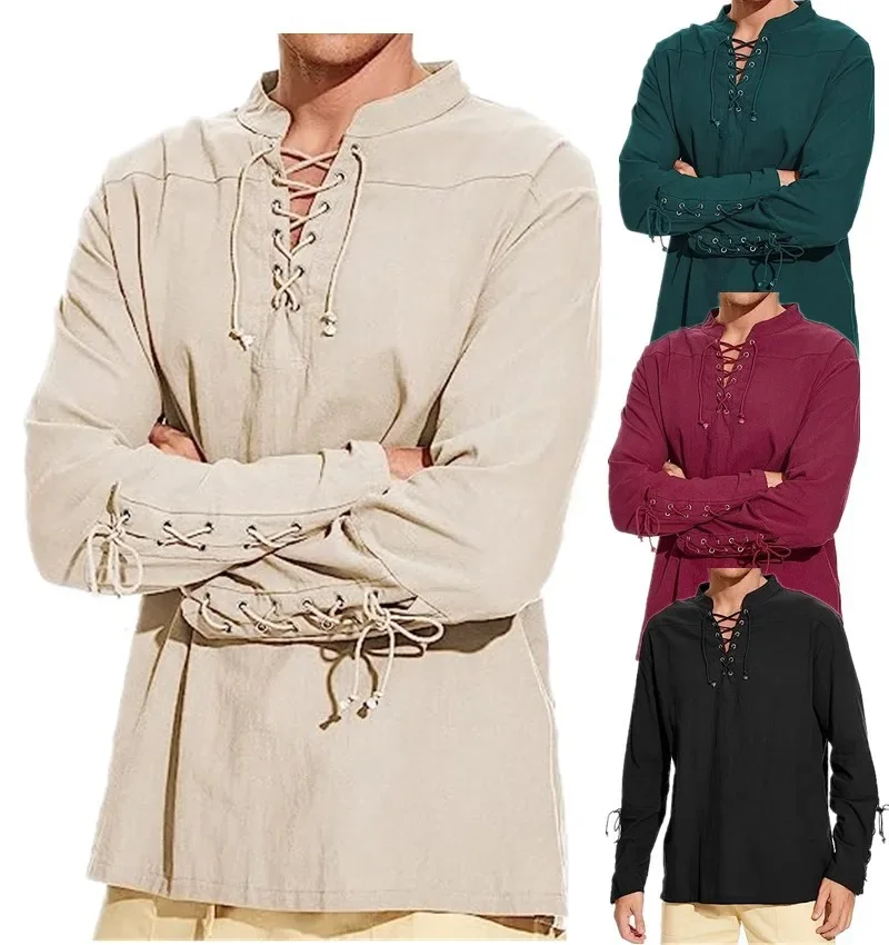 

Men Medieval Costume Cotton Linen Shirts Ruffled Long Sleeve Lace Up Pirate Cosplay Shirt Vampire Medieval Renaissance Shirt