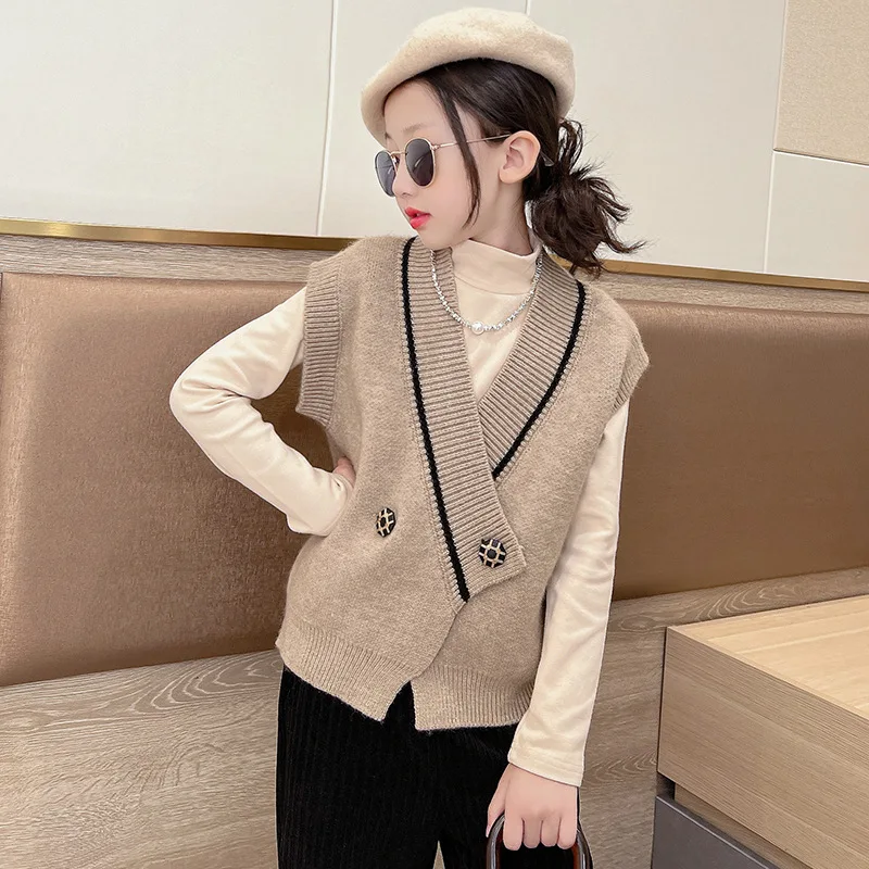 

Autumn Girls Knitted Vest Beige Cardigan V-neck Waistcoats Tops for Children Casual All-match Teen School Kids Clothes 12 Years