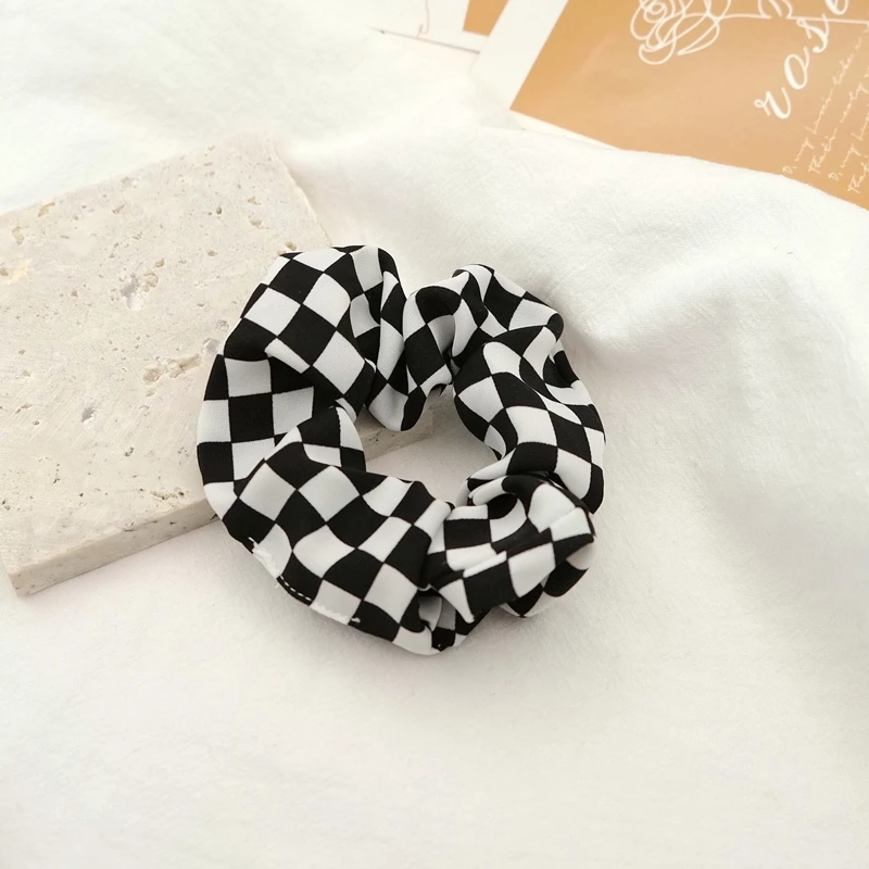 Modern Checkerboard Scrunchies Black and White Hair Rope Large Intestine Circle Hair Ties Wide Fabric Hair Accessories for Women