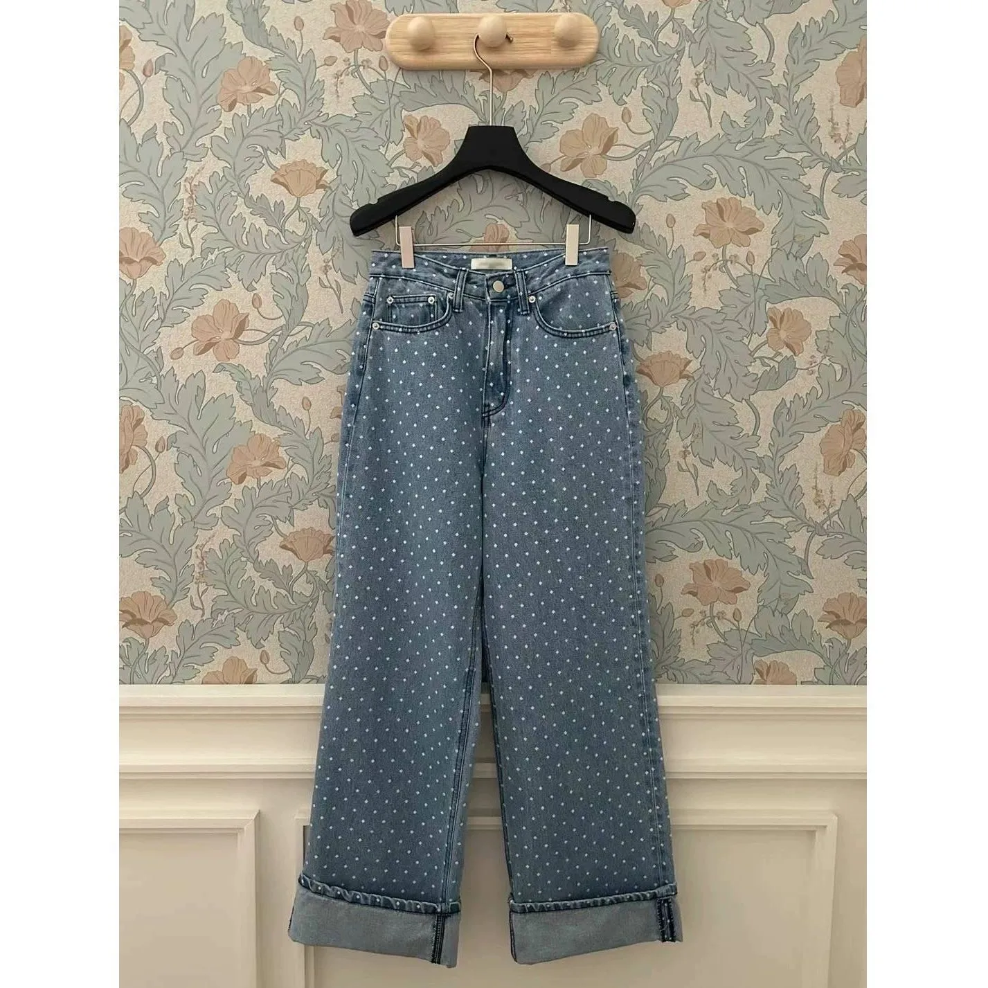 

Spring 2026 Dongda Gate Vintage Polka Dot Straight Leg Denim Jeans High Waist Buttoned Distressed Classic Style Women's Jeans