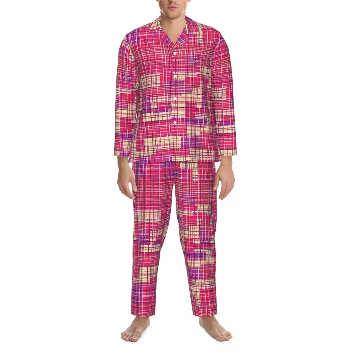 Contrast Color Pajamas Set Pink And purple Kawaii Sleepwear Man Long Sleeve Vintage Home 2 Pieces Nightwear Large Size