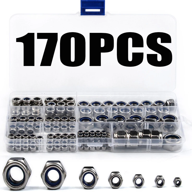 170PCS/Set M3/M4/M6/M8/M10/M12 Nylon Lock Nuts Fastener Metric Thread Stainless Steel Self-locking Hex Locknut Kit