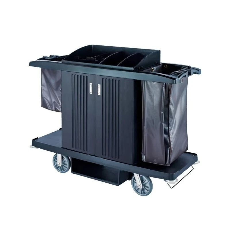 Hotel Room Multifunctional Plastic Healthcare Cleaning Carts Rubbermaid Black Maid Service Janitor Trolley with Equipment