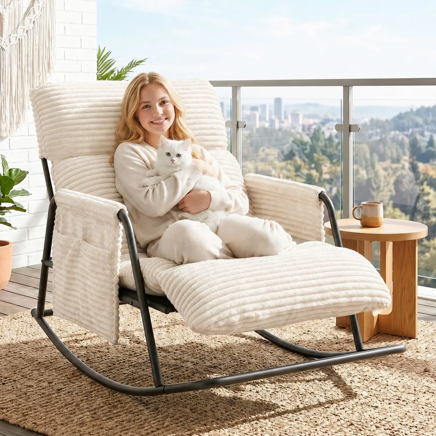 Oversized Rocking Recliner Chair with Footrest, Corduroy, 3-Level Reclining, Beige