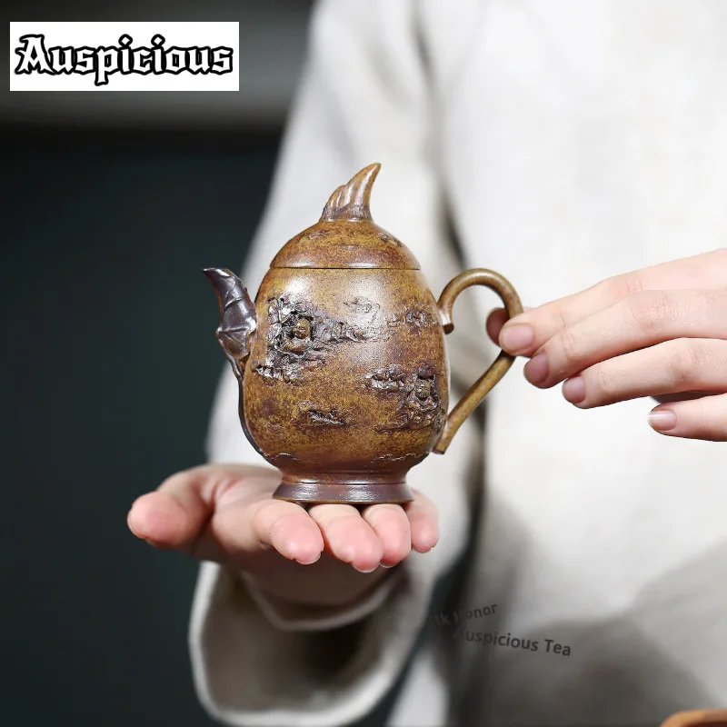160ml Bamboo Shoots Teapot Ancient Yixing Purple Clay Teapots Sticker Hollow Pot Raw Ore Gold Sand Kettle Zisha Tea Set Crafts