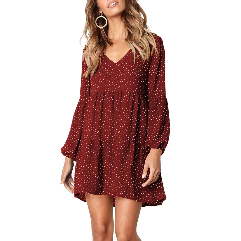 Women Casual Dress Casual V Neck Long Sleeve Loose Fit Ruffle Casual Fashionable High Quality New Arrival Trendy Comfortable