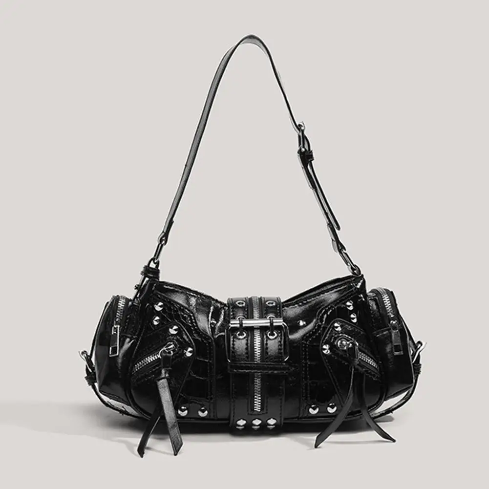 Women Y2k Punk Shoulder Bag Vintage Black PU Leather Rivet Handbag Gothic Motorcycle Crossbody Purse Spicy Girl Tote