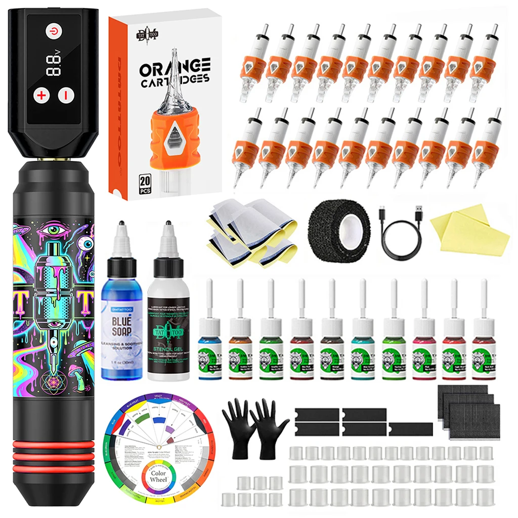 DM Plastik-Tattoo-Stift-Set, Tattoo-Maschinen-Set mit 1200mAh kabelloser Tattoo-Batterie, Transfer-Schablonengel, Tattoo-Tinte für Körperkunst