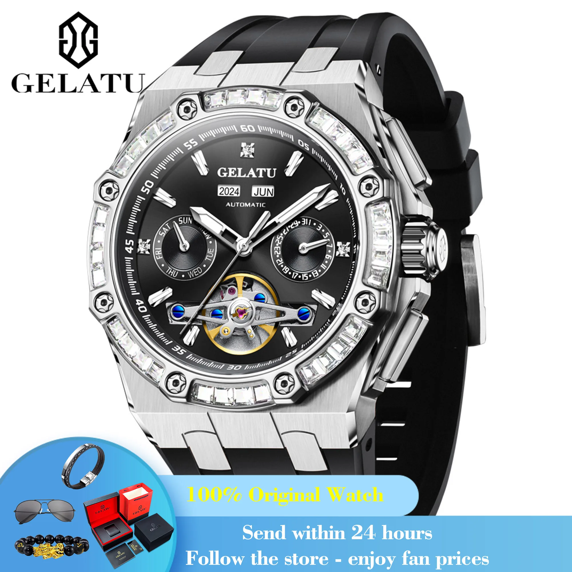 

GELATU 6022 Men's Watch Big Dial Hollow Skeleton Mechanical Watch For Men Date Fashion Automatic Wristwatch 50M Deep Waterproof