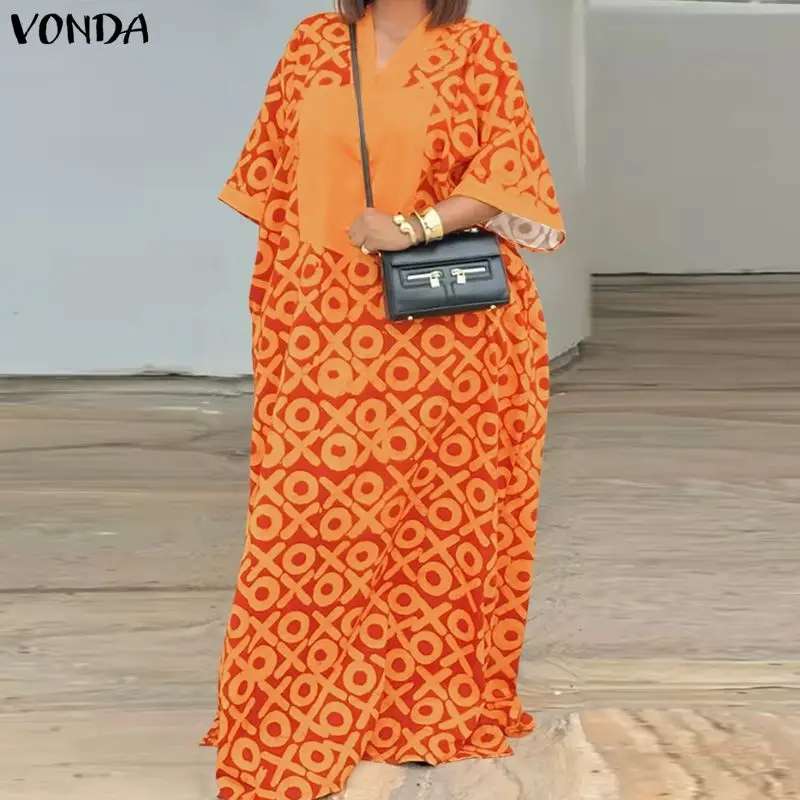 

Платье VONDA больших размеров 5XL с винтажным принтом, 2026, женское, с рукавом 3/4, повседневное, с V-образным вырезом, в богемном стиле, макси-сарафан, модная длинная рубашка-платье (Vestidos)
