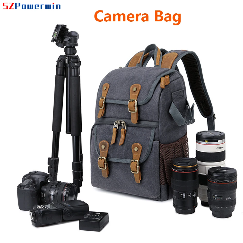 Waterproof Camera Backpack with Batik Canvas and Horse Leather Perfect for DSLR SLR Lens Tripod Charger and Outdoor Photography