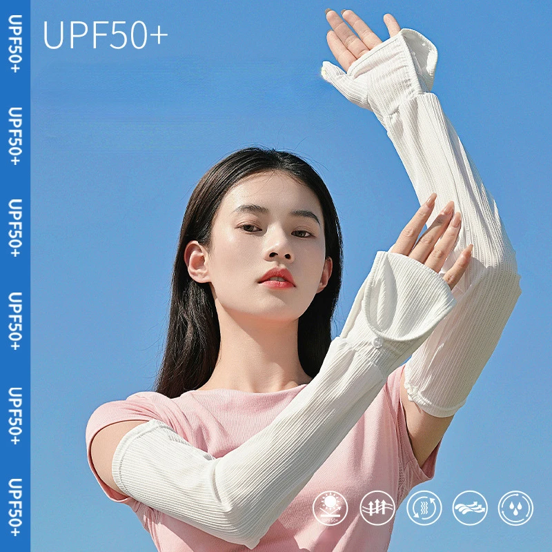 New Women Ice Sunscreen Gloves Female Summer with Fingers All-inclusive Sleeve Arm Guard Gloves Driving Ice Silk Loose Sleeves