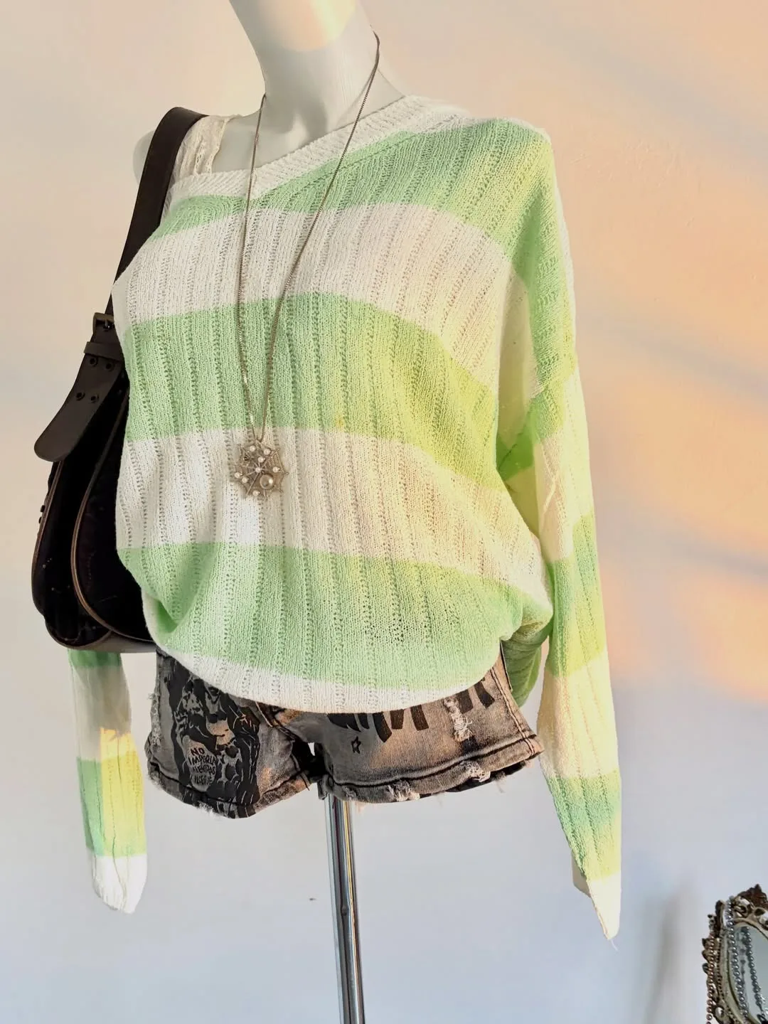 Grunge Alt Women One Shoulder Hollow Knit Jumper Green White Wide Stripe Long Sleeve Loose Y2K Sweater