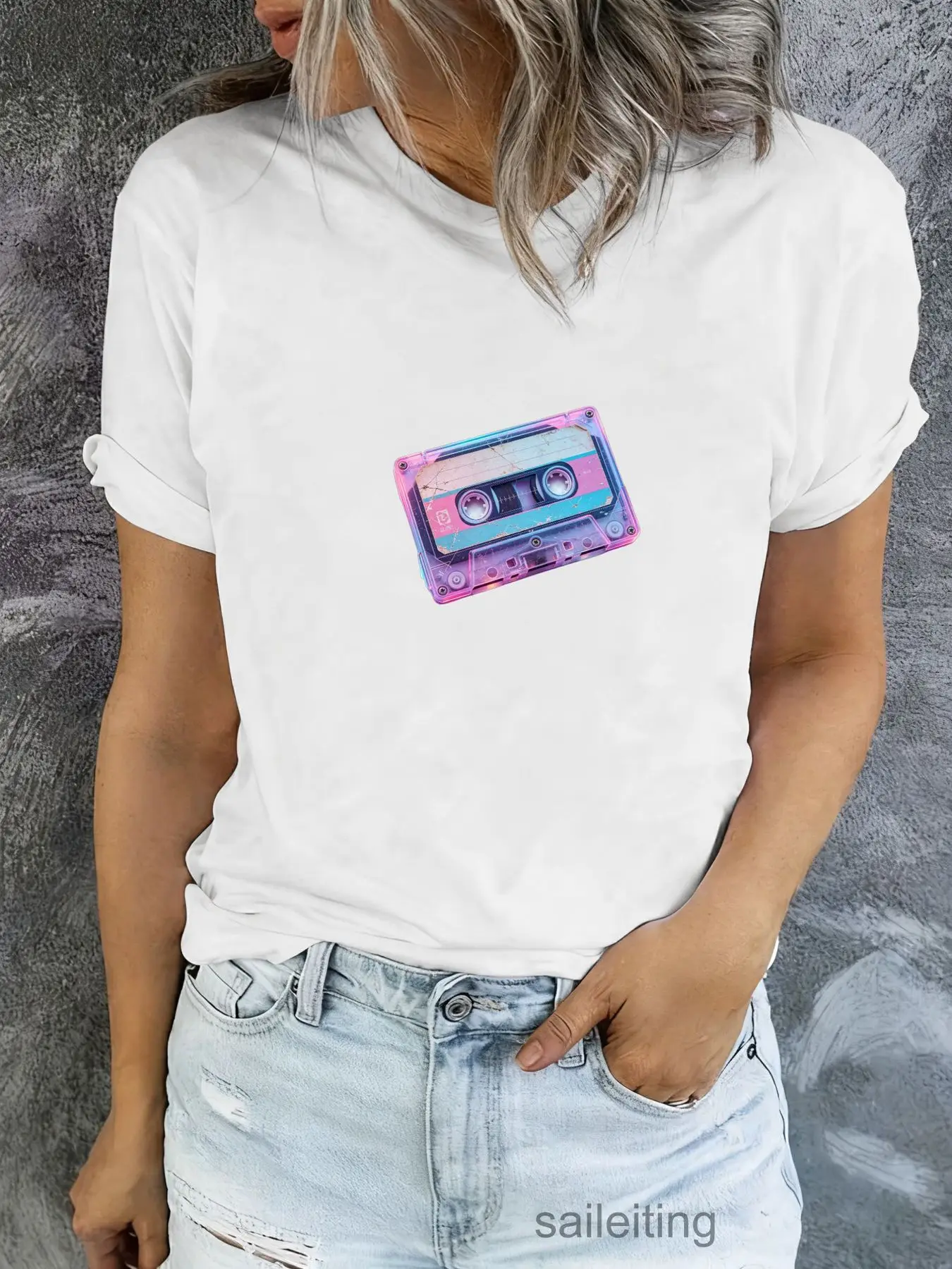 Retro Cassette Tape Watercolor T-Shirt Women Men Pastel Pink Purple Blue Teal Graphic Tee Casual Short Sleeve Rolled Up Summe