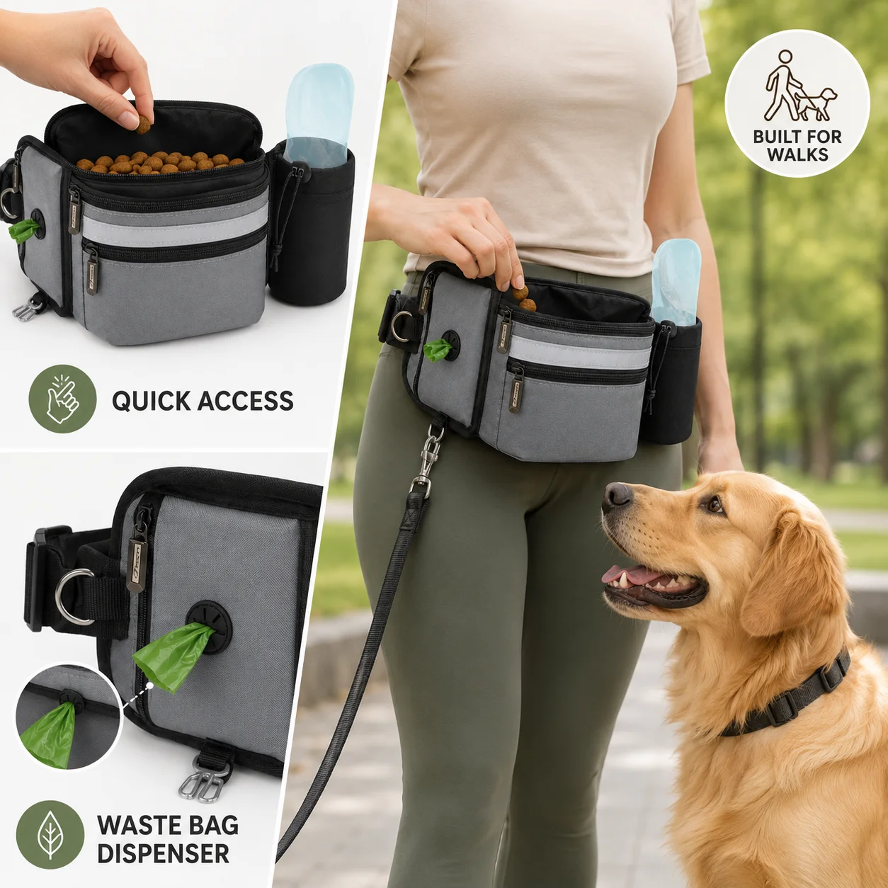 Dog Treat Training Waist Bag Portable Pet Snack Pouch with Poop Bag Dispenser Water Bottle Holder Adjustable Walking Training Fa