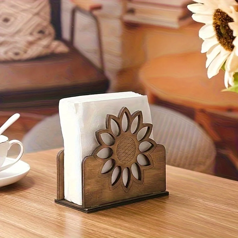 2027 Retro Wooden Sunflower Napkin Holder Business Card Stand Tabletop Decor Hotel Home Kitchen Napkin Holder Storage Box for Ta