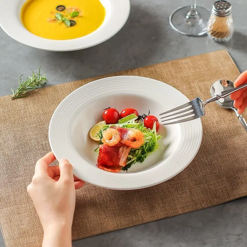 

ins style simple pure white thread western food ceramic vegetable hat vegetable plate dishes dinner set plates and dishes