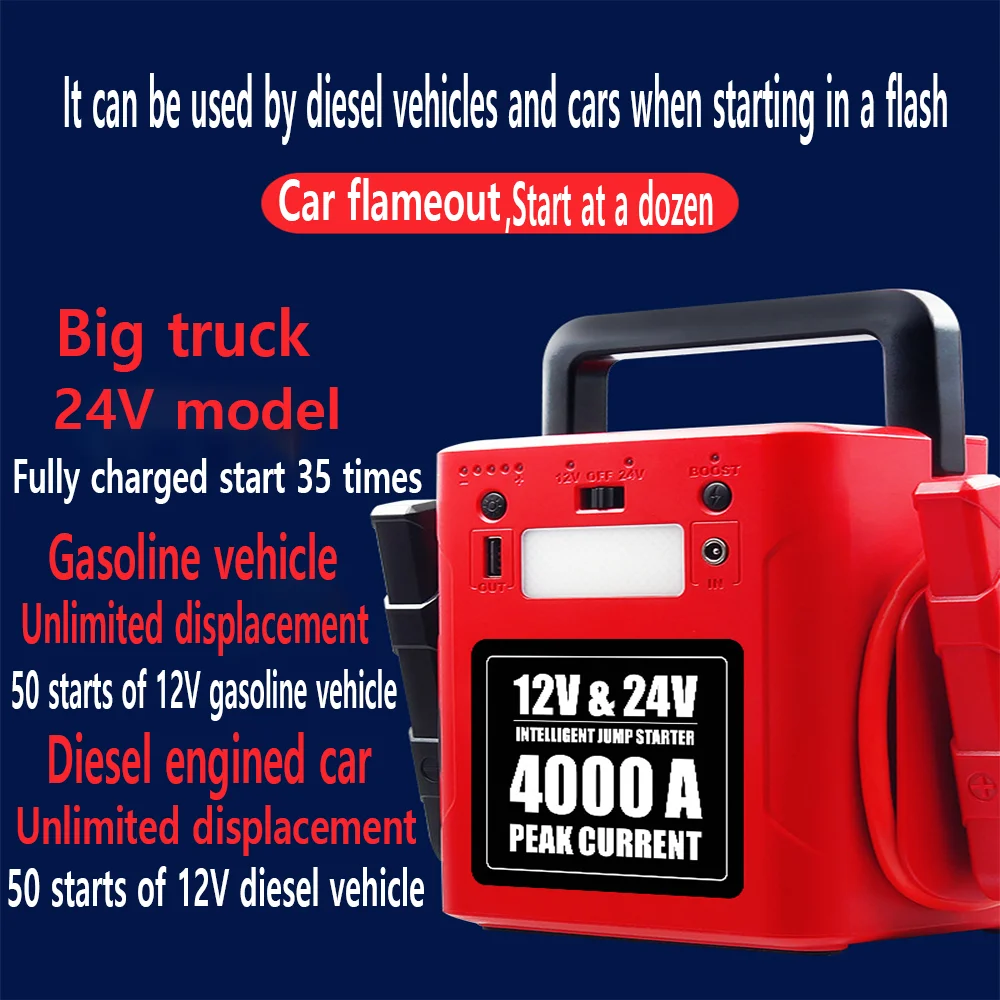 Car Booster Portable Heavy Truck Tank 56000mAh 12/24V Switchable Heavy Duty Battery Jump Starter 4000A Peak Current