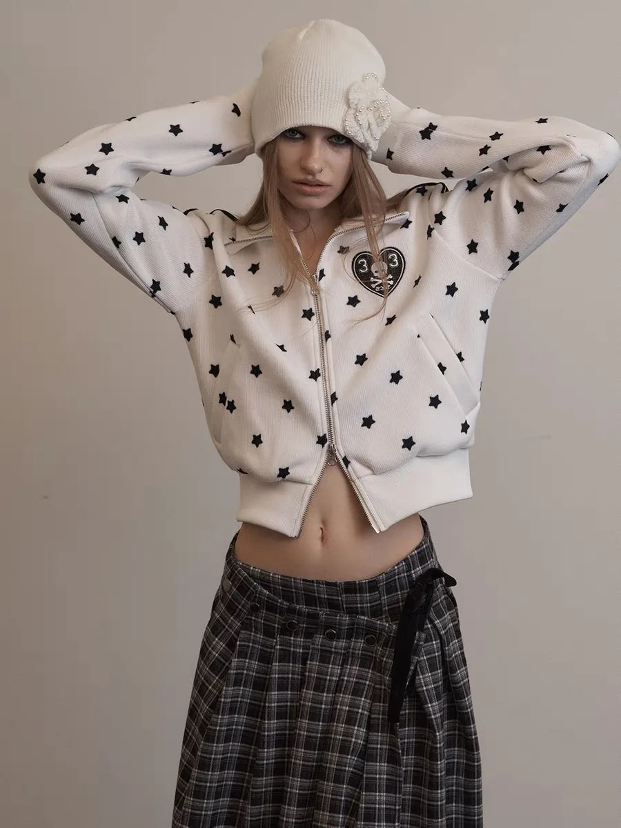 

American Sle Zipper Star Print Knitted Jaet Outerwear by Liu Zhimin Casual Commute Sle Loose Fit Long Sve Coat