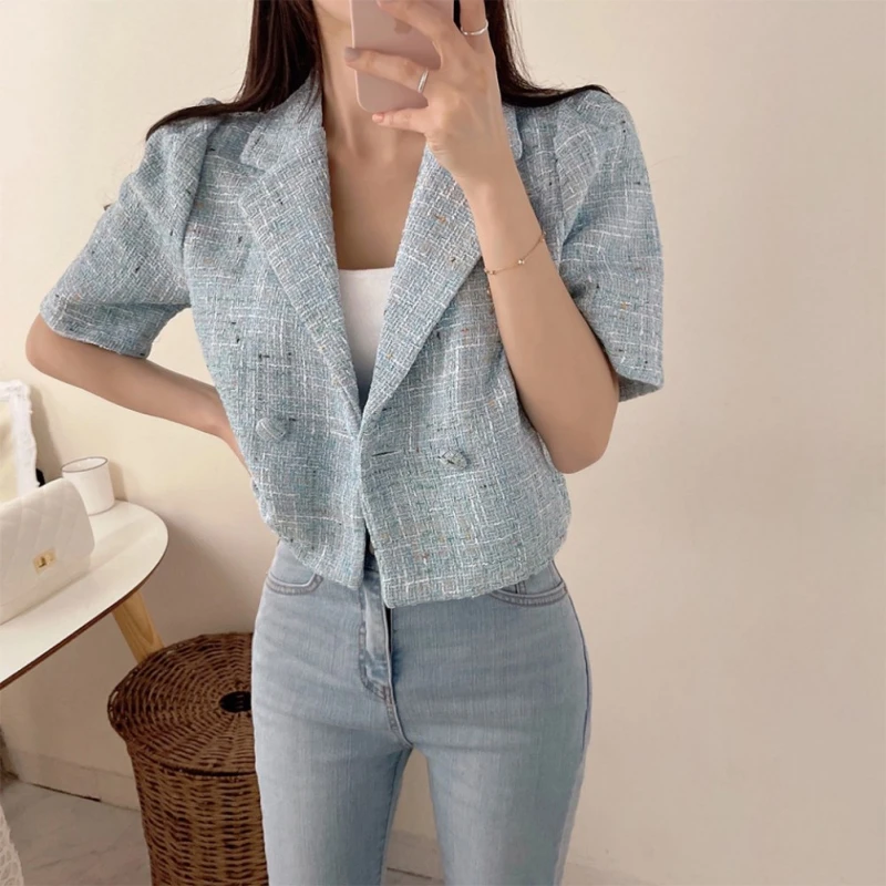 Chic Temperament Small Perfume Suit Collar Double Row Two Buttons Loose Bubble Sleeve Tweed Short Jacket Women's Clothing