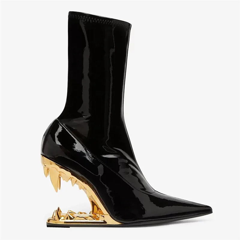 Women's New Black Pointed Toe Ankle Boots Gold Tooth Heel Slip On Stretchy Patent Leather High Heel Slim Fit Boots