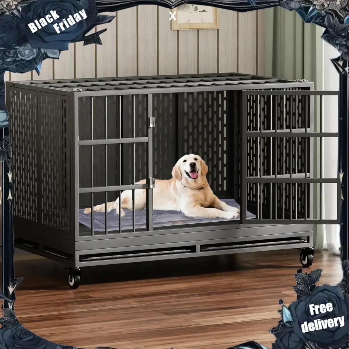 48 Inch Heavy Duty Dog Crate with Wheels, Folding Metal Big Dog Cage for Large and Medium Dogs Removable Tray