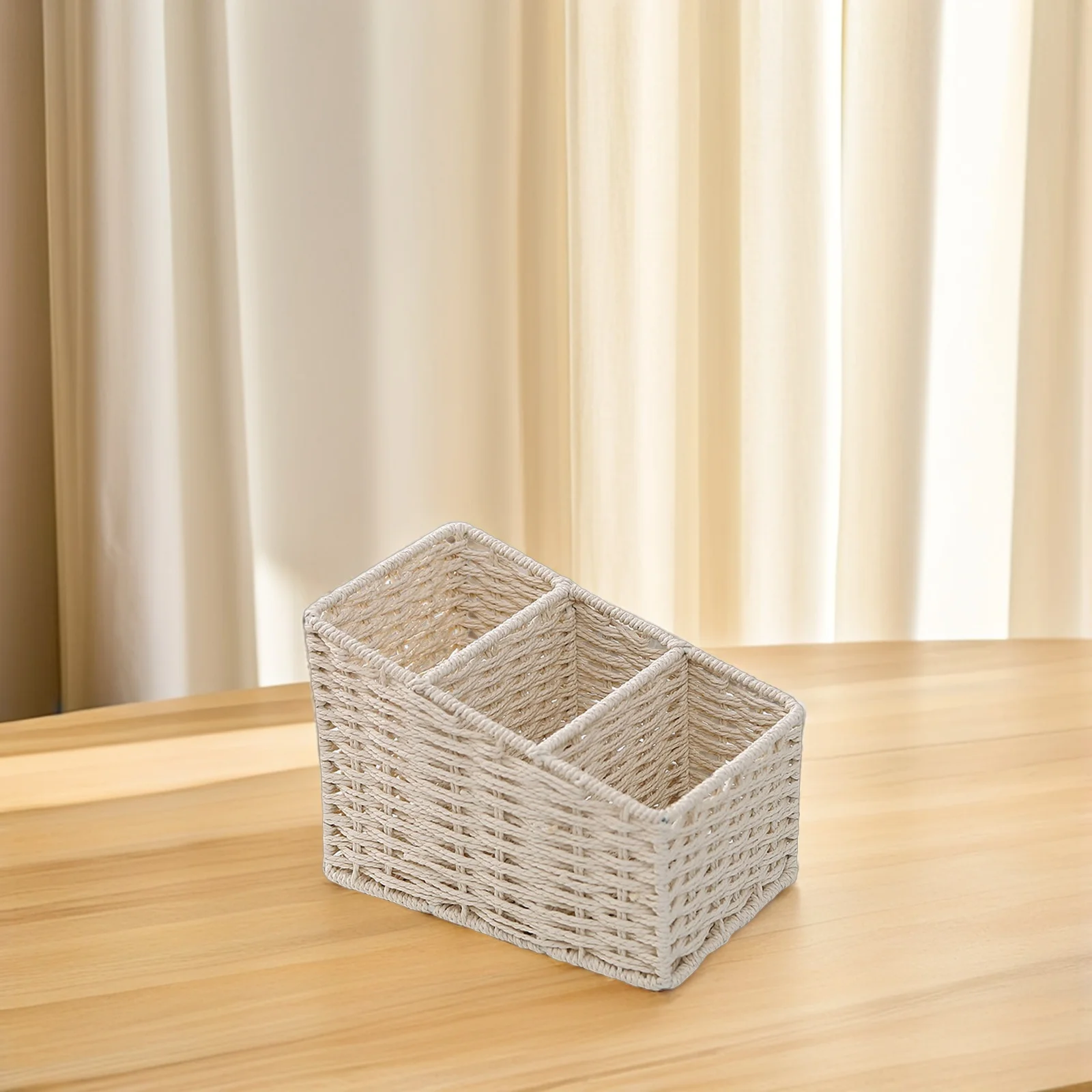 

Настольный органайзер с тремя секциями, трапециевидной формы, с имитацией плетения, прочная железная рама, аккуратное хранение, водонепроницаемый.