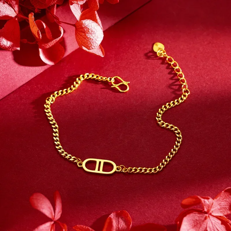 

9999 Real Gold 24K Yellow Gold Advanced Sense Letter Double D Pig Nose Bracelet