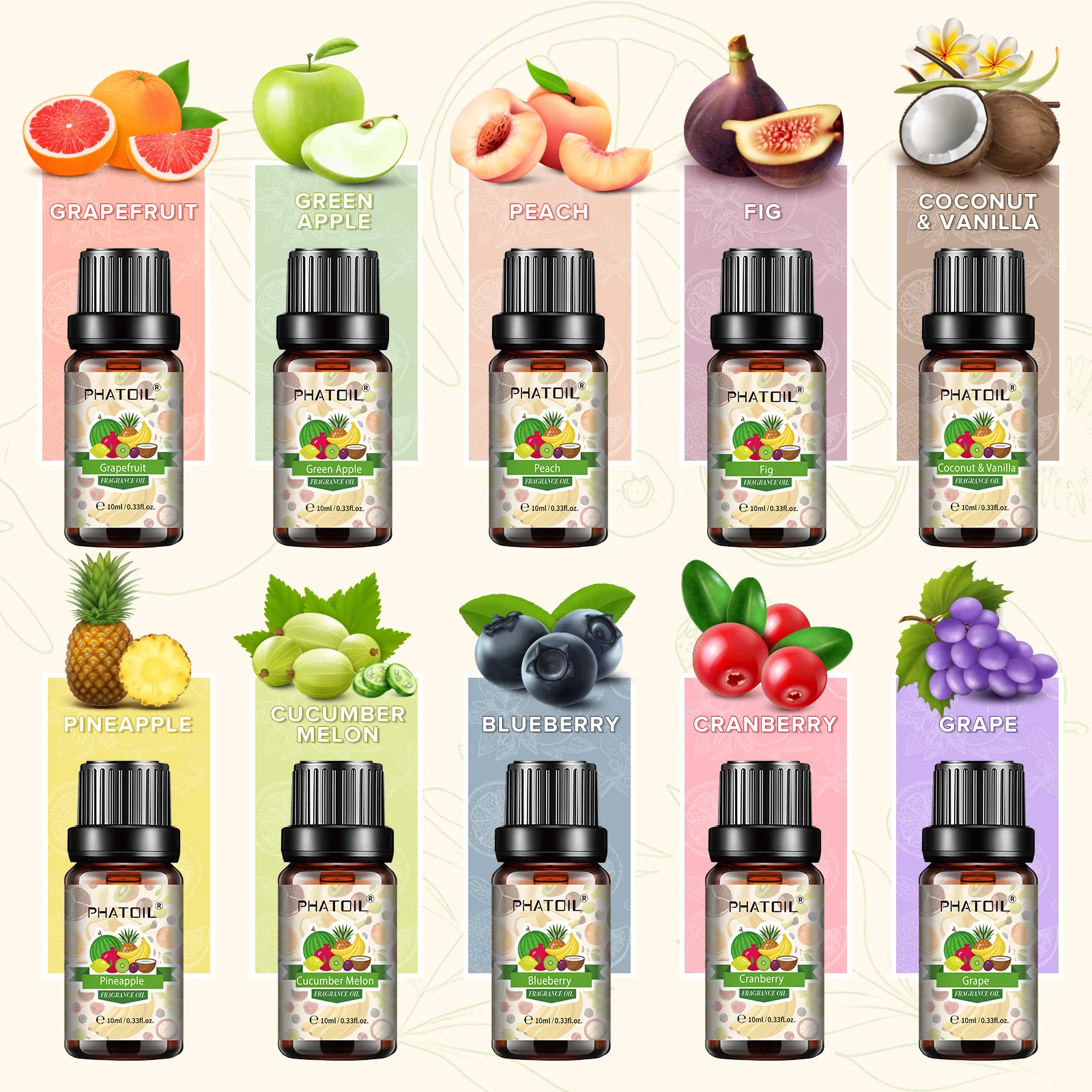 PHATOIL 10PCS Fruit Fragrance Oils Set for Diffuser-10ML Coconut & Vanilla Pineapple Peach Blueberry Grapefruit Grape Aroma Oil