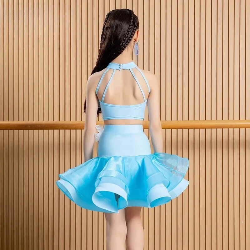 

2025 New blue and black Latin dance practice costumes for girls and children, professional and high-end new performance costumes