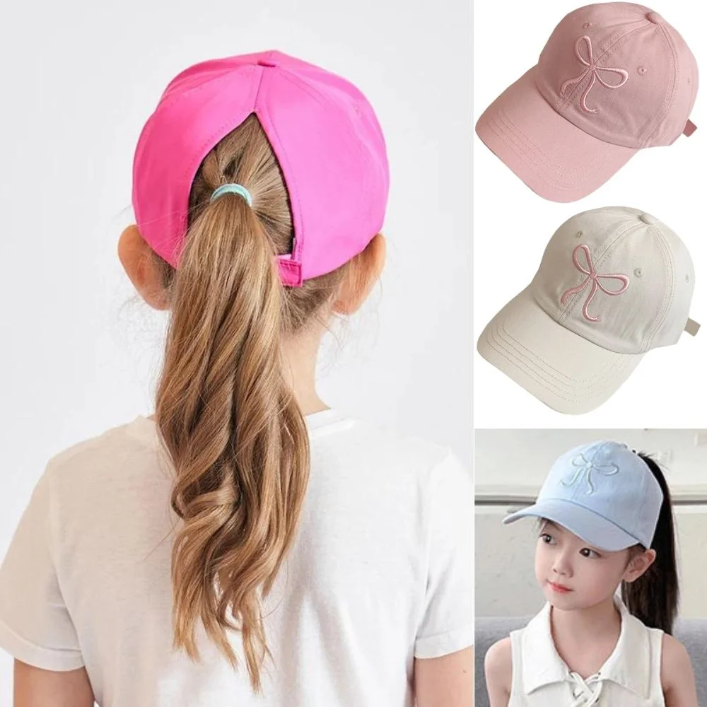 2024 Fashion Baby Baseball Cap Solid Color Print Bow Girls Sun Hat High Ponytail Peaked Cap Summer Travel Children Baseball Cap