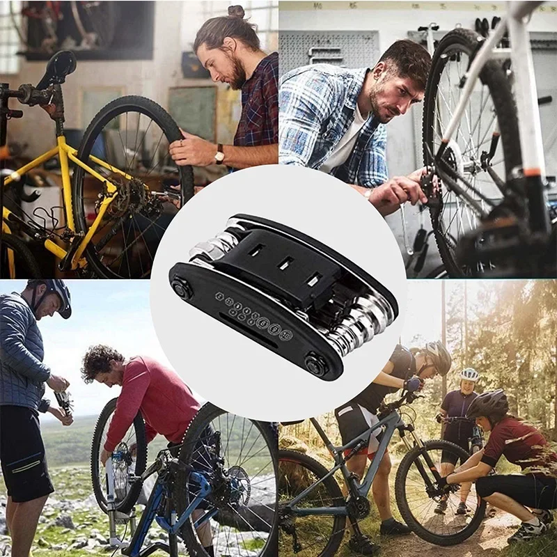 Kit di attrezzi per la riparazione della bici 16 in 1 Multitool per bicicletta con leve per pneumatici per bici chiave a raggi esagonali Set di strumenti di riparazione metrica pieghevole