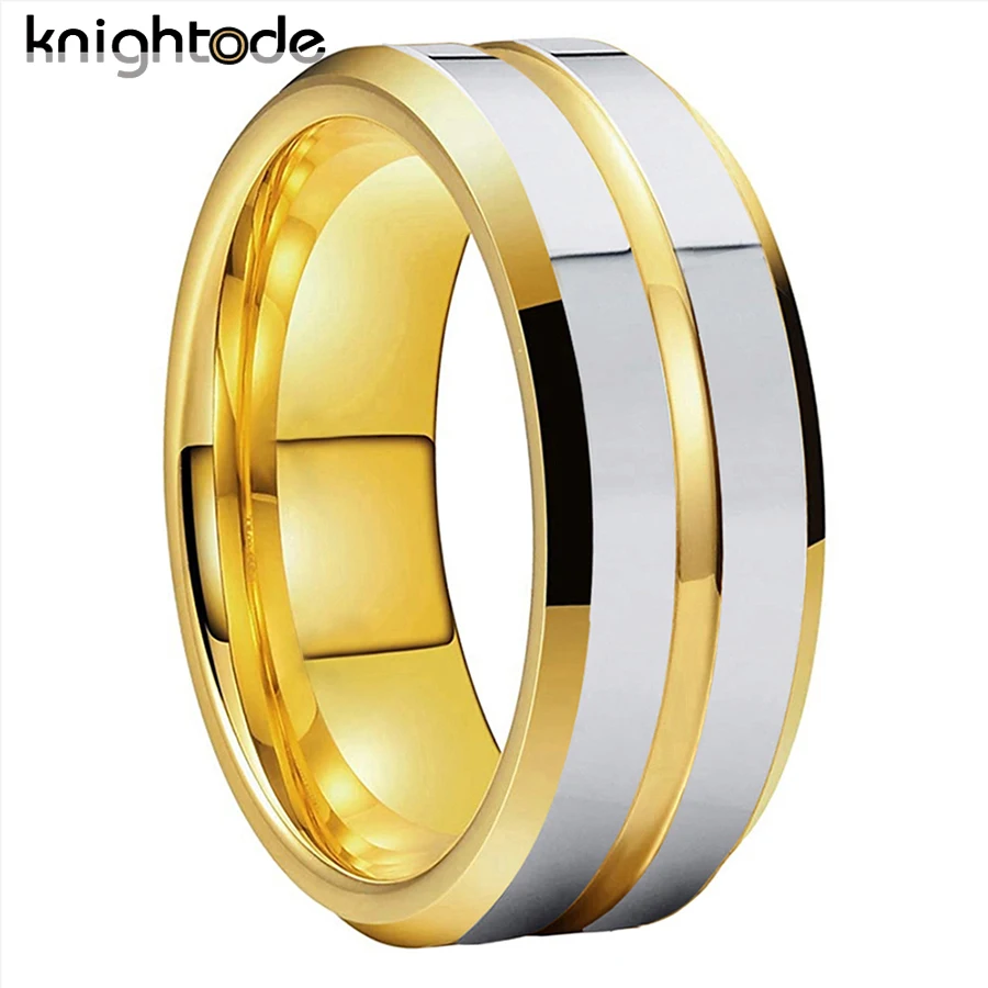 

8mm Classic Tungsten Carbide Wedding Band Men Anniversary Rings Center Grooved Beveled Edges Polished Comfort Fit