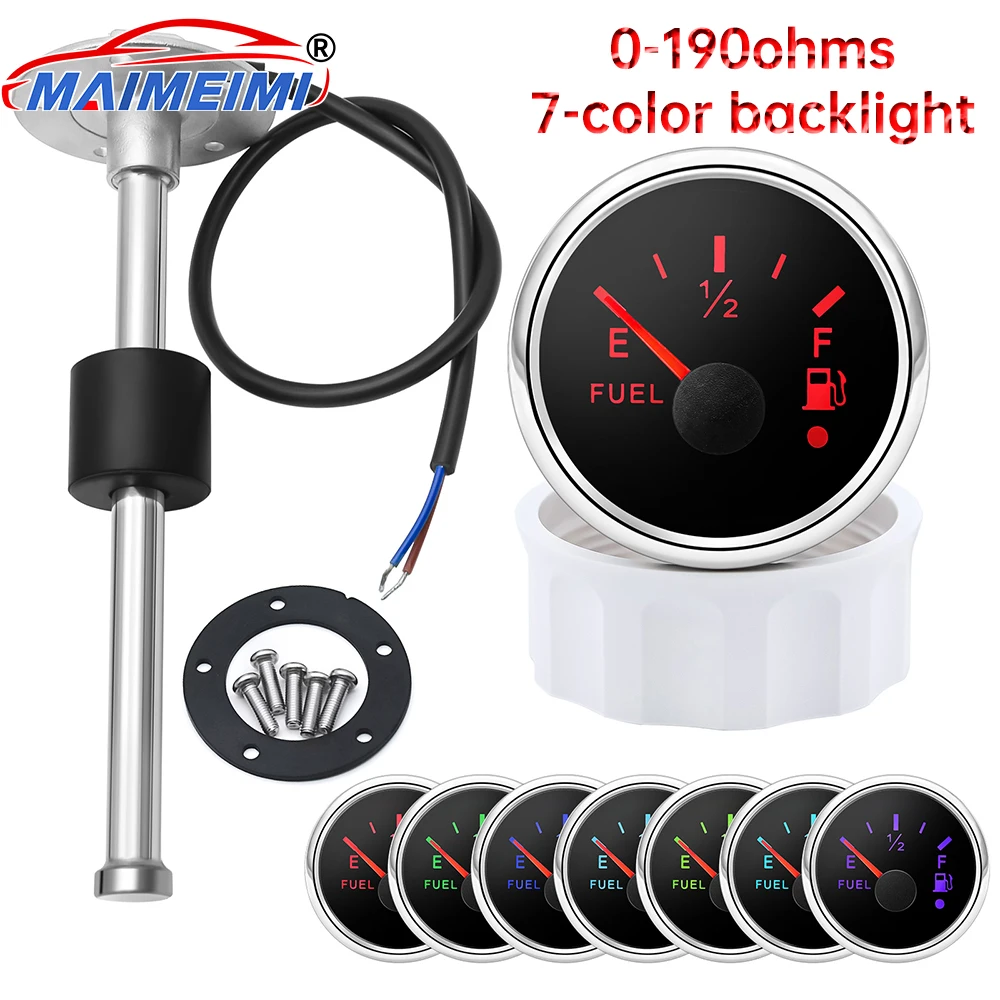 

7 Color Backlight Fuel Level Gauge 0-190ohm 52MM Fuel Indicator waterproof Marine Boat RV Car Truck Gauge With 100-550mm Sensor