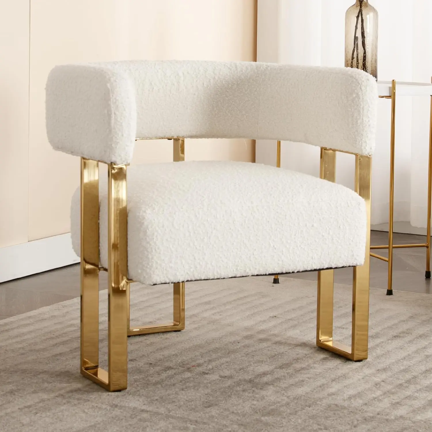 #Mid Century Upholstered Accent Chair Boucle Fabric Metal Frame Legs Living Room Bedroom Reading White, Customized