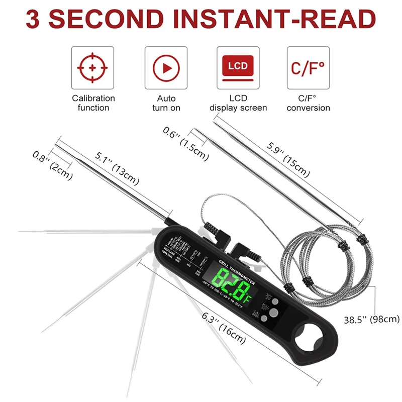 The New 3 in 1 Digital Meat Thermometer, Instant Read Food Thermometer with 2 Detachable Wired Probe,Calibration, Alarm Function