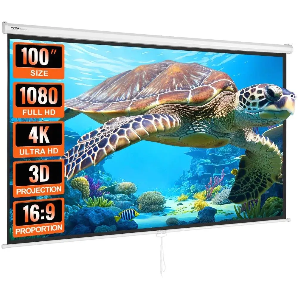 

Manual Projector Screen 100 Inch 16:9 4K 1080 HD Retractable Pull Down Auto-Locking Portable Home Office Theater