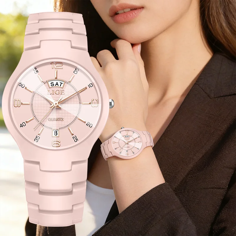 LIGE Elegant Women Watches Fashion Ceramics Small Dial Ladies Quartz Watch Date Week Display Luxury Woman Wristwatch Reloj Mujer