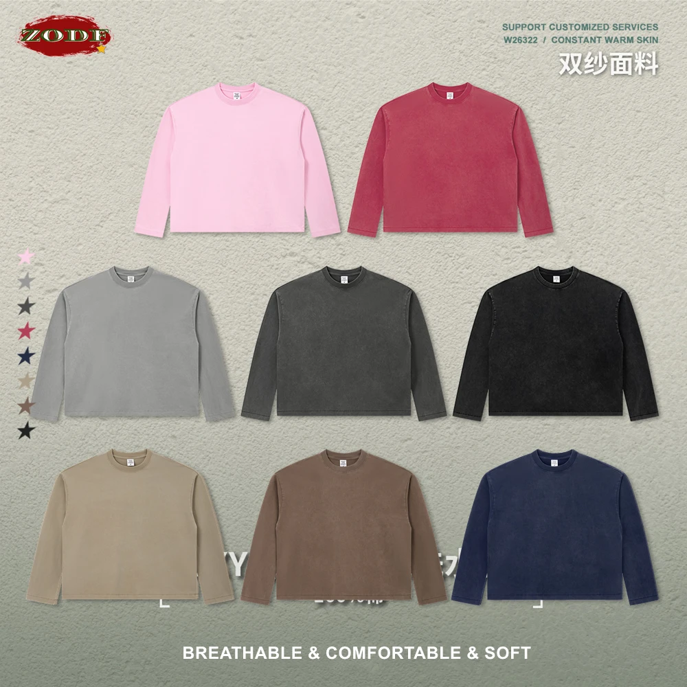 ZODF Retro Spring Autumn Boxy Washed Cotton T-Shirt For Man Unisex Distressed O Neck Long Sleeve Solid T Shirts HY1312