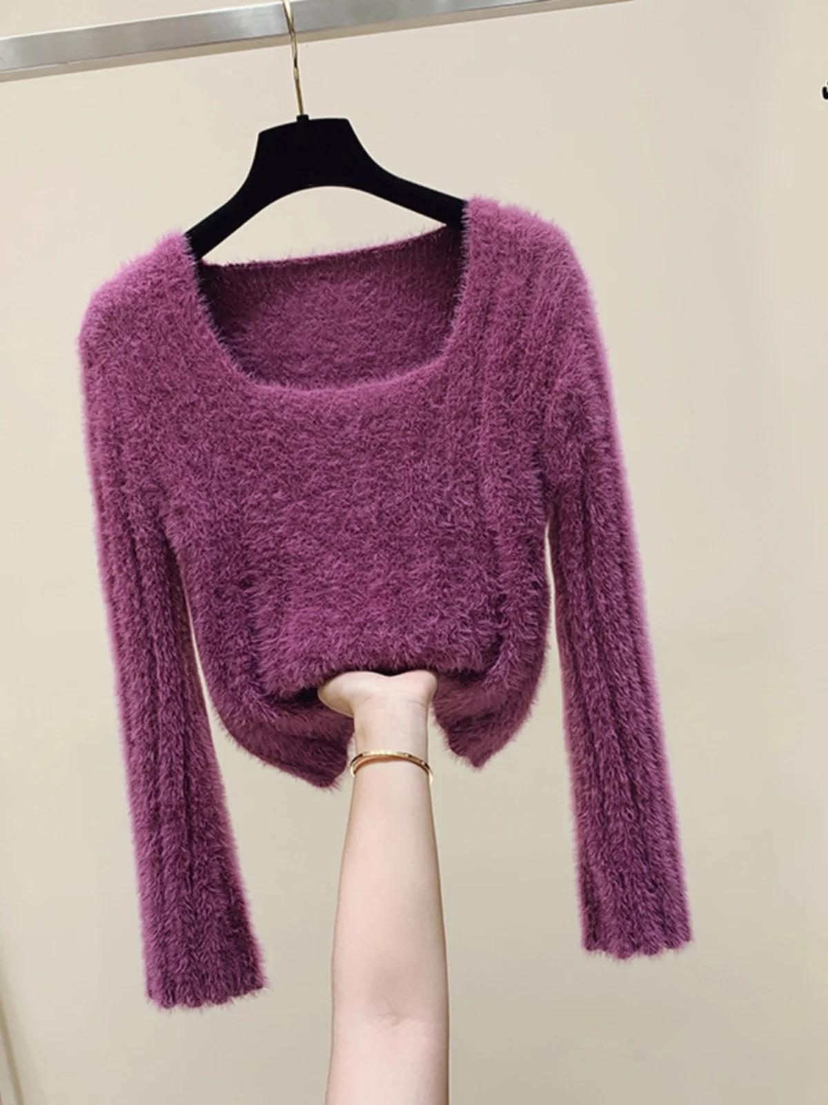 

Осенний ленивый вязаный свитер с квадратным воротником, базовый слой из искусственной норки, уникальный топ, сексуальный топ для девочек, теплый топ Thiened Lon...