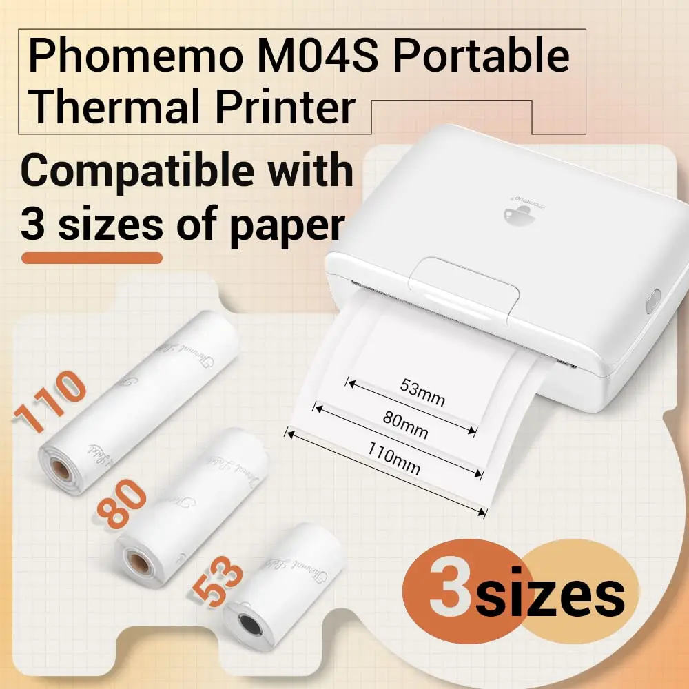 

Phomemo M04S 110mm 304dpi Mini Printer Portable Pocket Printer Bluetooth Thermal Printer 53/80/110mm Print Width for MobilePhone