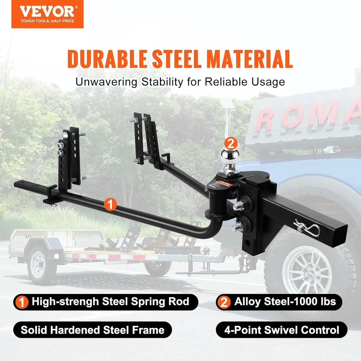 Weight Distribution Hitch, 1,000 lbs Weight Distributing Hitches Kit with Sway Control for Trailer, 2-in Solid Steel Shank