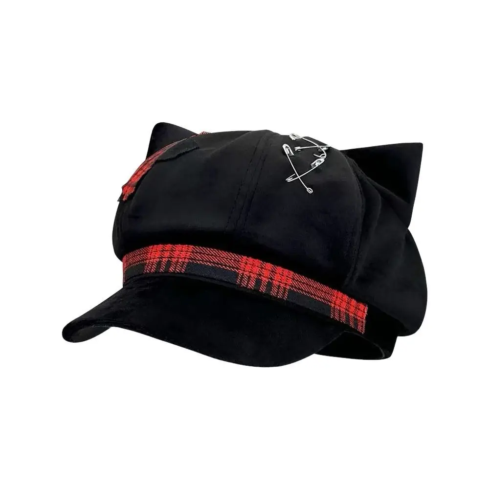 Vintage Plaid Pattern Cat Ear Beret Y2K Adjustable Octagonal Hat Beret Hat Women Men