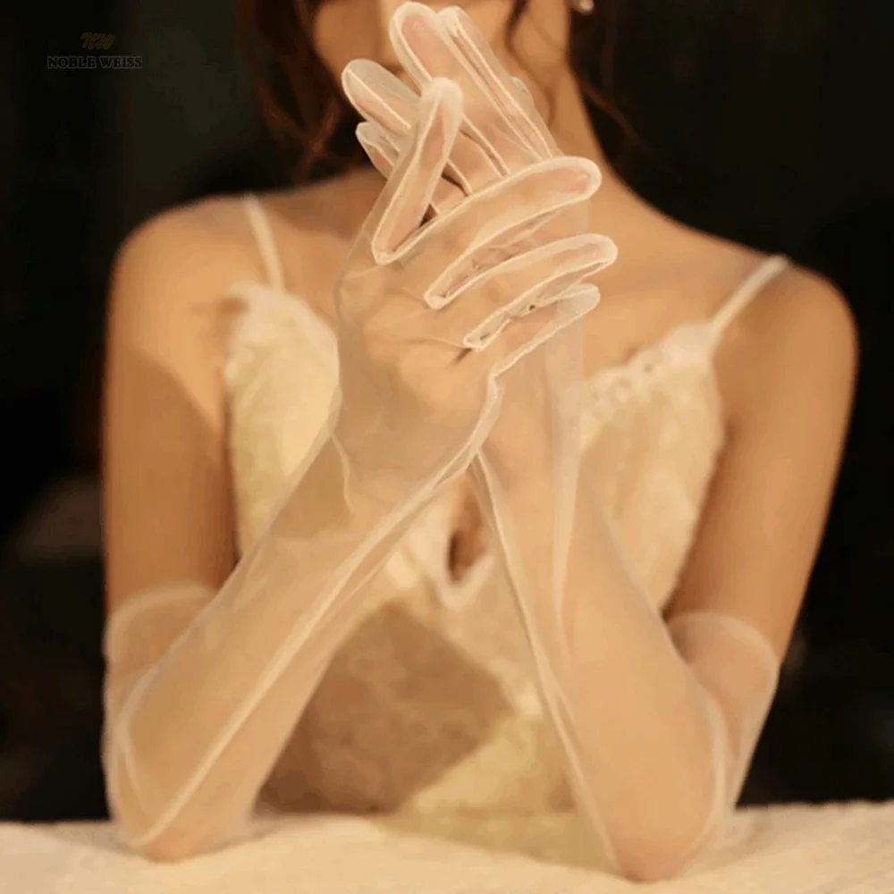 

Long Tulle Gloves Wedding Bride Dress Gloves Fashion Transparent Bridal Elbow Long Gloves Customized