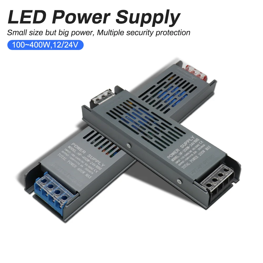 

LED Power Supply 12V 24V LED Transformer AC to DC LED Driver 60W to 400W Super Thin Converter for LED Strip Tape Power Supply