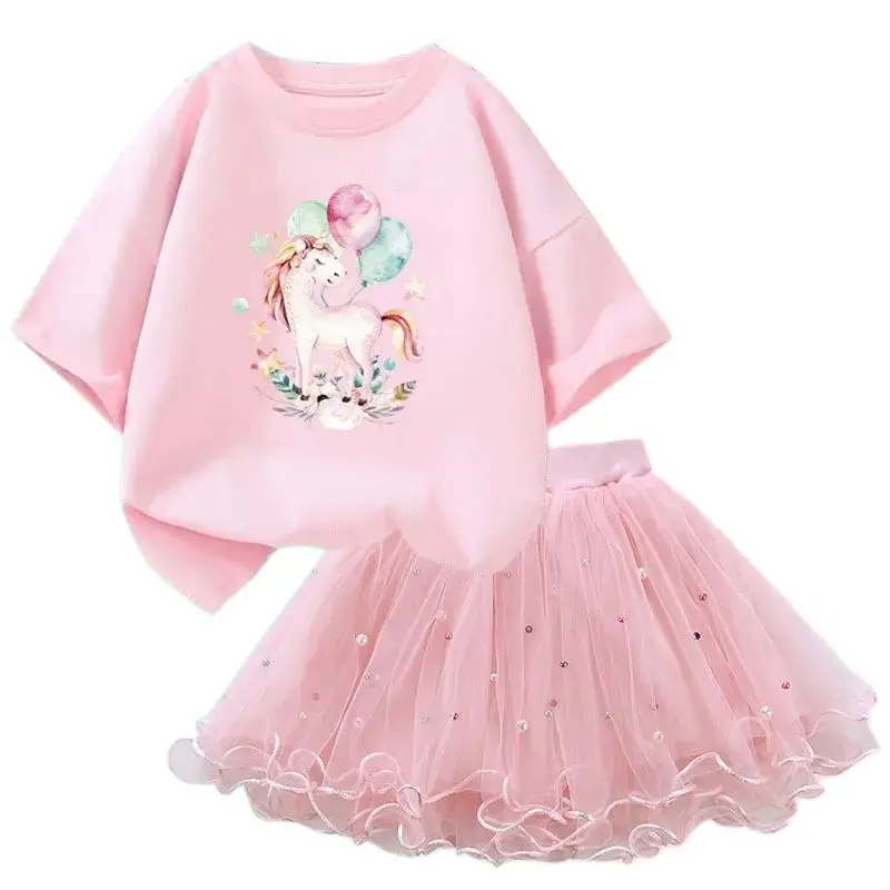 Summer Girl Party Unicorn Clothes Set Kids Baby Cartoon Clothing Suits Girls Cute Casual T-shirt Tops tutu Skirts Outfits