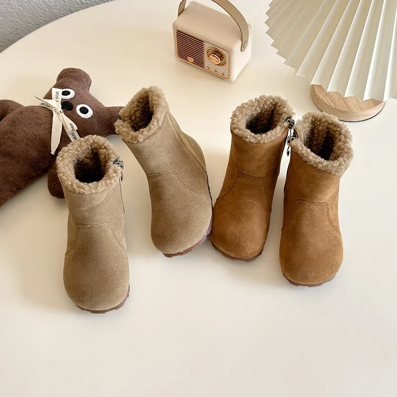 Children Short Boots for Girls 2024 Winter New Fashion Korean Style Soft Bottom Versatile Anti-slippery Chic Plush Leather Shoes